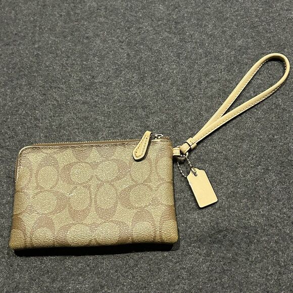 COACH F58035 Corner Zip Wristlet Signature Khaki PVC Ivory Leather Stripe - Picture 5 of 7